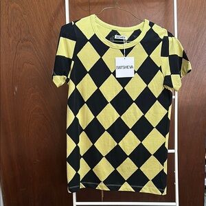 NWT Batsheva Yellow + Black Diamond Pattern/Checkered Short Sleeve Tee S Cotton